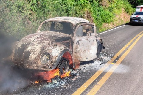 Explosão é registrada durante incêndio em Fusca no interior de Imigrante; ninguém se feriu