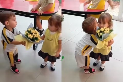 Garotinho que mordeu coleguinha na escola leva flores para ela e viraliza